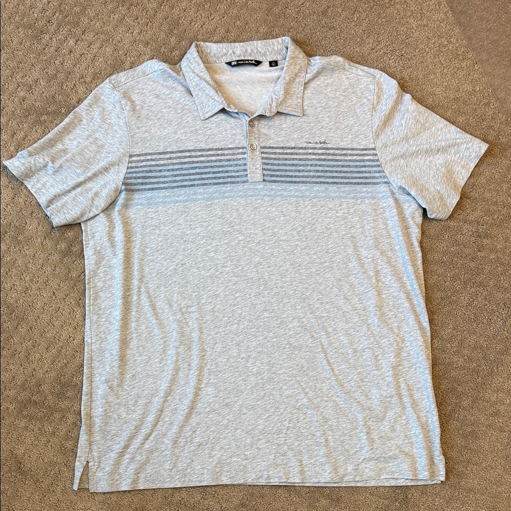 Travis Mathew Light Gray Polo with Blue Stripes 3XL